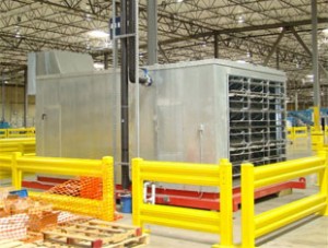 Rental air handler set up inside a warehouse