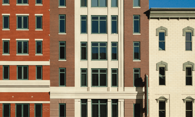Brick and stone downtown building facades
